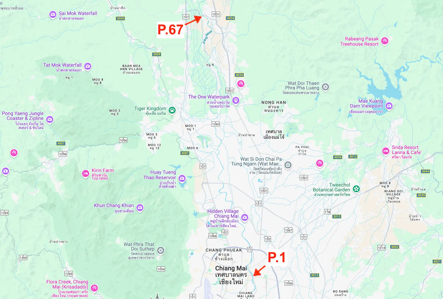 Map displaying the location of stations P.1 and P.67